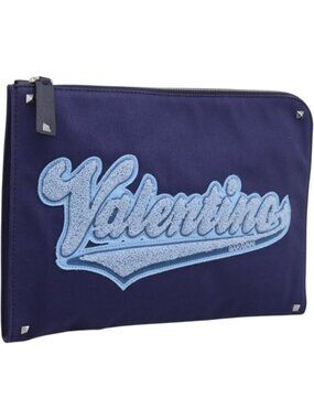 VALENTINO Clutch Bag Canvas Navy Silver